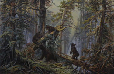 Malerei mit dem Titel "Утро с сосновом лес…" von Dmitry Lazarev, Original-Kunstwerk, Öl