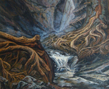 Peinture intitulée "Корни у водопада Ми…" par Dmitry Lazarev, Œuvre d'art originale, Huile