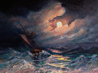 Schilderij getiteld "Лунная ночь на море…" door Dmitry Lazarev, Origineel Kunstwerk, Olie
