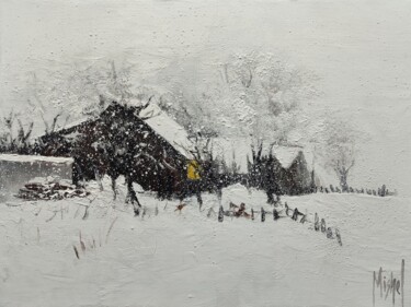 Painting titled ""Snowy village"" by Mishel Alekyan, Original Artwork, Oil