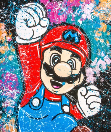 Painting titled "Mario Splash!" by Miss Rose Art Gallery, Original Artwork, Acrylic Mounted on Wood Stretcher frame