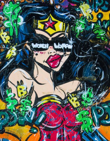 Painting titled "Wonder Woman Portra…" by Miss Rose Art Gallery, Original Artwork, Acrylic Mounted on Wood Stretcher frame