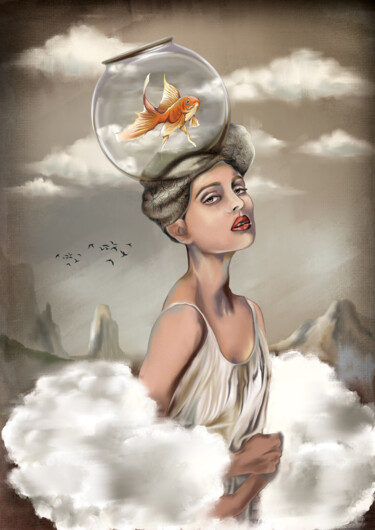 Digital Arts titled "girl with a fish on…" by Olha Vicockaya, Original Artwork, Digital Painting