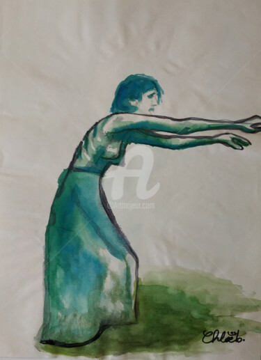 Painting titled "Femme verte torse-nu" by Missterre Apocalypse, Original Artwork, Ink