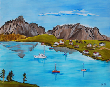 fishing village Painting titled "fishing village" by Mistry Visuals, Original Art, Acrylic
