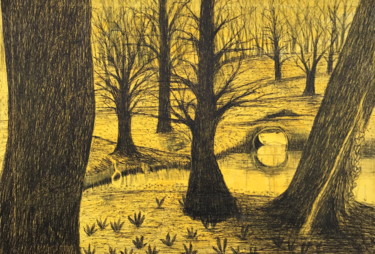 Painting titled "MY WOODS" by Mita Riotto, Original Artwork, Ballpoint pen Mounted on Cardboard