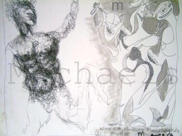 Drawing titled "women chasing miche…" by Mi Tina, Original Artwork, Ink
