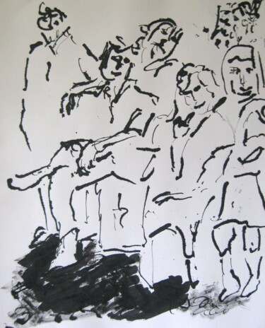 Drawing titled "Groupe" by Mi Tina, Original Artwork, Ink