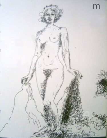 Drawing titled "Standing Nude" by Mi Tina, Original Artwork, Ink