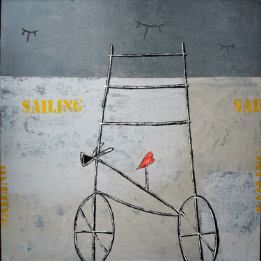 Painting titled "Bicycle" by Mitko Zhelezarov, Original Artwork, Acrylic Mounted on Wood Stretcher frame