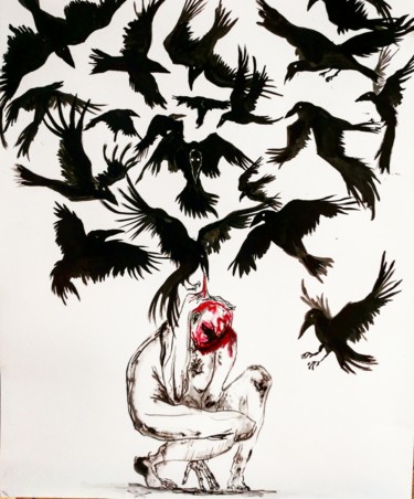 Dessin intitulée "Corbeaux" par Miu, Œuvre d'art originale, Encre