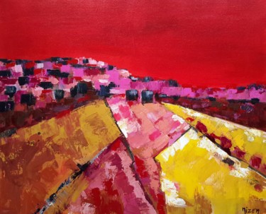 Malerei mit dem Titel "Rose sur rouge 73x60" von Mizem, Original-Kunstwerk, Acryl