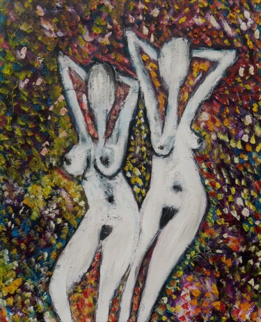 Schilderij getiteld "DUO II" door Mizzi, Origineel Kunstwerk, Olie Gemonteerd op Frame voor houten brancard