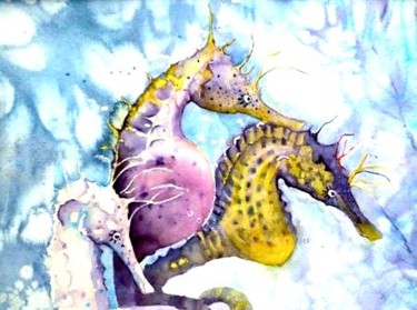 Peinture intitulée "Trio d'hippocampes" par Marie-Jeanne Bronzini, Œuvre d'art originale, Aquarelle