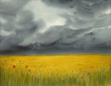 Peinture intitulée "Orage sur les blés" par Marie-Jeanne Bronzini, Œuvre d'art originale, Aquarelle