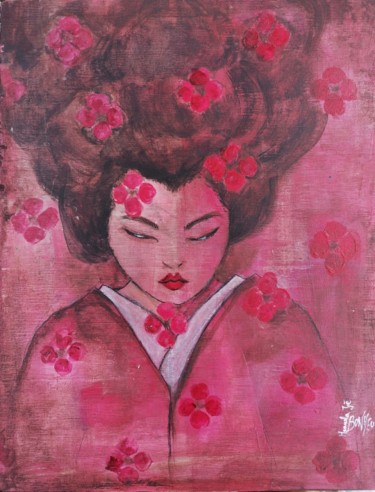 Peinture intitulée "Rose rouge japonais" par Manuela Joé Bonheur, Œuvre d'art originale, Acrylique Monté sur artwork_cat.
