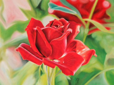 Peinture intitulée "Rose rouge" par Marie-Jeanne Fawer, Œuvre d'art originale, Pastel
