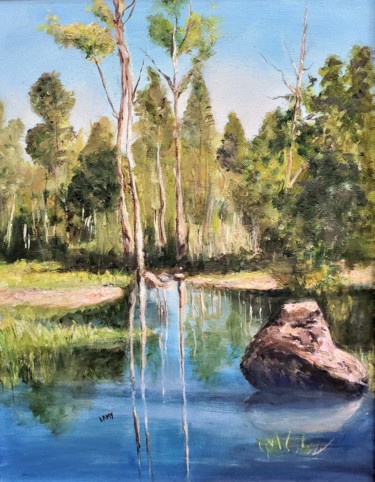 Painting titled "Serene Pond" by Marilyn Lamy, Original Artwork, Oil