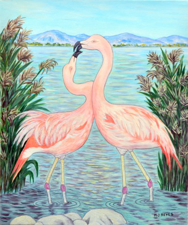 Painting titled "Flamands roses "par…" by Marie-Josée Reyes, Original Artwork, Oil Mounted on Wood Stretcher frame