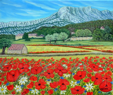 Painting titled "Coquelicots au pied…" by Marie-Josée Reyes, Original Artwork, Oil Mounted on Wood Stretcher frame