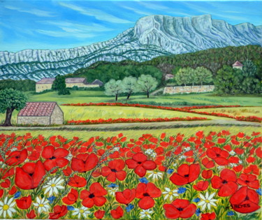 Champ de coquelicots au pied de la montagne Sainte 46x55x2 cm ©2017 par Marie-Josée Reyes