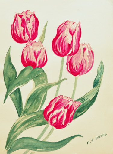 Malerei mit dem Titel "Tulipes "Flaming Fl…" von Marie-Josée Reyes, Original-Kunstwerk, Aquarell