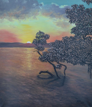 Painting titled "Coucher de soleil s…" by Marie-Josée Reyes, Original Artwork, Oil Mounted on Wood Stretcher frame