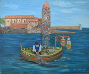 Painting titled "Collioure "le lampa…" by Marie-Josée Reyes, Original Artwork, Oil Mounted on Wood Stretcher frame