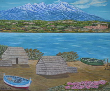 Painting titled "Cabanes de pêcheurs…" by Marie-Josée Reyes, Original Artwork, Oil Mounted on Wood Stretcher frame