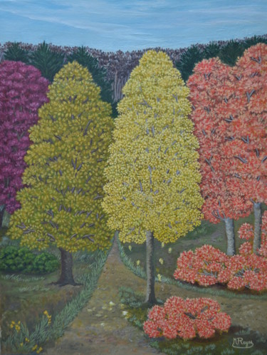 Painting titled "Couleurs d'automne" by Marie-Josée Reyes, Original Artwork, Oil Mounted on Wood Stretcher frame
