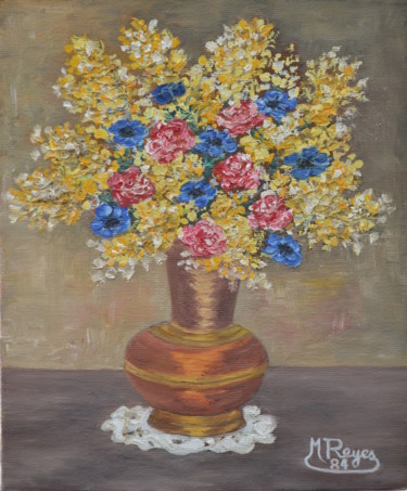 Painting titled "Bouquet de mimosas…" by Marie-Josée Reyes, Original Artwork, Oil Mounted on Wood Stretcher frame