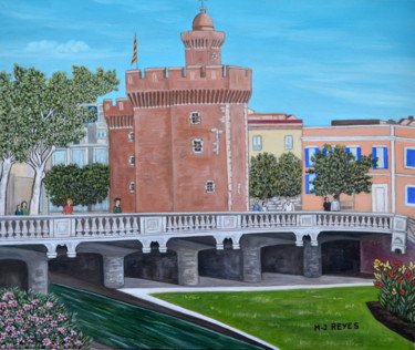 Painting titled "Perpignan "Le Casti…" by Marie-Josée Reyes, Original Artwork, Oil Mounted on Wood Stretcher frame