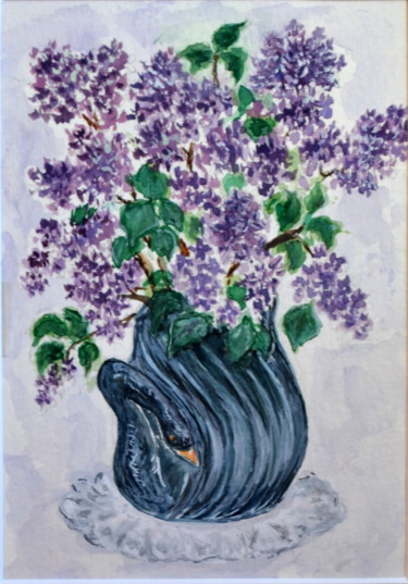 Painting titled "Bouquet de lilas" by Marie-Josée Reyes, Original Artwork, Watercolor