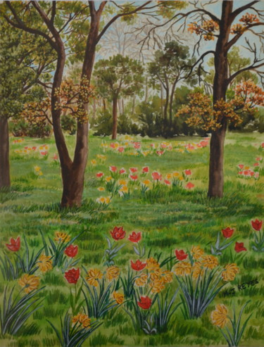 Painting titled "Champ de tulipes da…" by Marie-Josée Reyes, Original Artwork, Watercolor