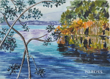 Painting titled "Promenade sur le lac" by Marie-Josée Reyes, Original Artwork, Watercolor
