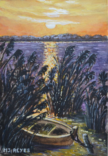 Pittura intitolato "Barque dans les ros…" da Marie-Josée Reyes, Opera d'arte originale, Acquarello