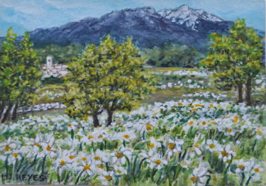 Painting titled "Champ de narcisses…" by Marie-Josée Reyes, Original Artwork, Watercolor