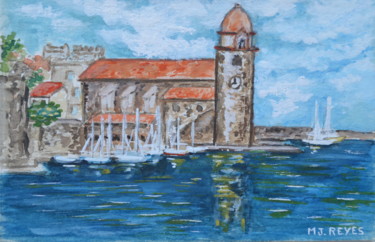 Painting titled "Collioure, le cloch…" by Marie-Josée Reyes, Original Artwork, Watercolor