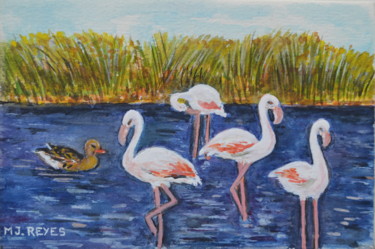 Malerei mit dem Titel "Flamants roses" von Marie-Josée Reyes, Original-Kunstwerk, Aquarell