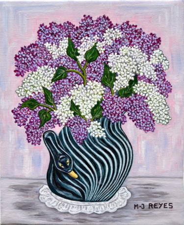 Peinture intitulée "Bouquet de lilas da…" par Marie-Josée Reyes, Œuvre d'art originale, Huile