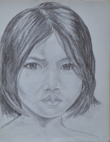 Drawing titled "Le petit cambodgien" by Marie-Josée Reyes, Original Artwork, Pencil