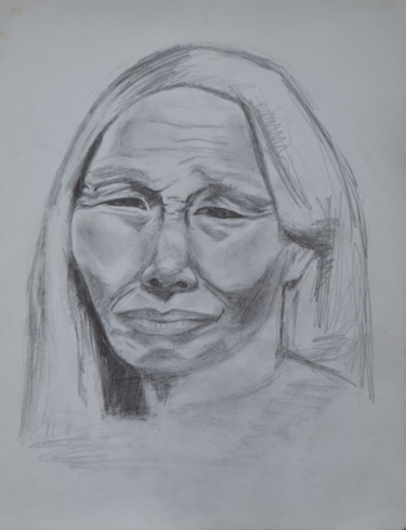 Dessin intitulée "La vieille Indienne" par Marie-Josée Reyes, Œuvre d'art originale, Crayon