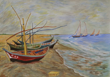 Painting titled ""Barques aux Sainte…" by Marie-Josée Reyes, Original Artwork, Watercolor