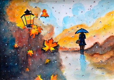 Ζωγραφική με τίτλο "Autumn Rain colorfu…" από Artbymanjiri, Αυθεντικά έργα τέχνης, Ακουαρέλα