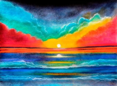 Schilderij getiteld "Ocean sunset vibran…" door Artbymanjiri, Origineel Kunstwerk, Pastel