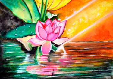Malarstwo zatytułowany „Lotus Sunrise vibra…” autorstwa Artbymanjiri, Oryginalna praca, Akwarela