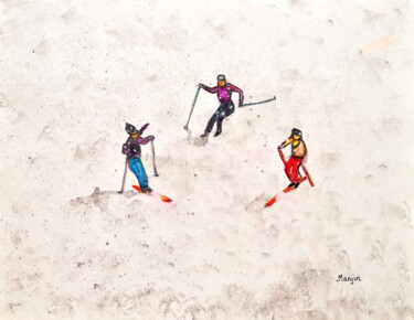 Schilderij getiteld "Winter Skiing lands…" door Artbymanjiri, Origineel Kunstwerk, Aquarel