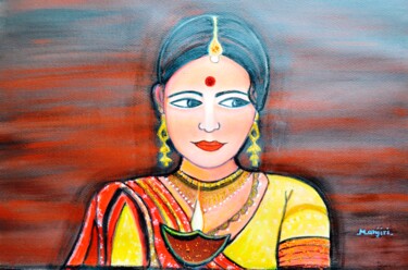 Painting titled "Indian Lady with a…" by Artbymanjiri, Original Artwork, Acrylic