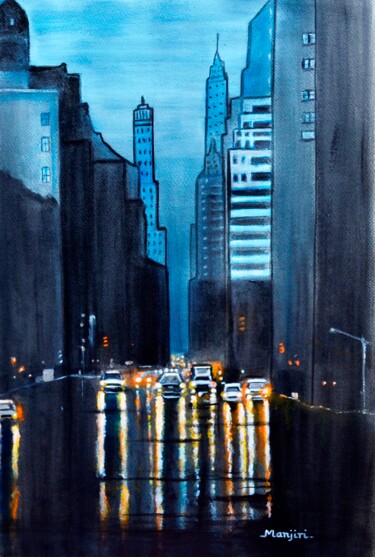 Malerei mit dem Titel "Rainy City Night ci…" von Artbymanjiri, Original-Kunstwerk, Acryl