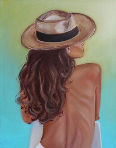 Painting titled "Lady with a hat" by Mkate, Original Artwork, Oil Mounted on Wood Stretcher frame